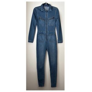 Free People Lennox Denim Jumpsuit Size Small Blue Utility Cotton Blend Slim Fit